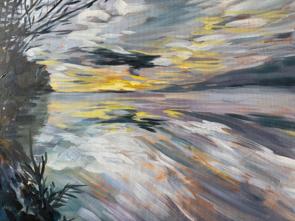 A painting of an impressionistic river scene
