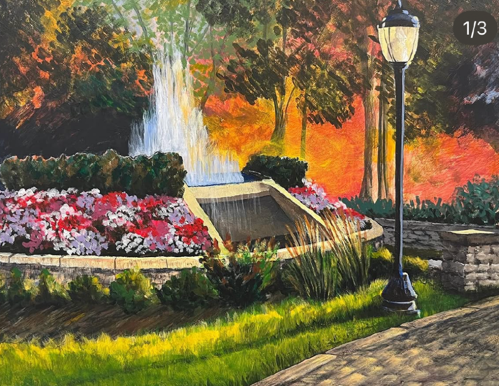 A painting of the fountain at North Park