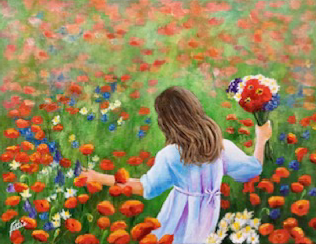 Painting of a girl running through Poppies