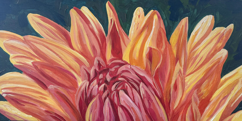 Acrylic painting of an orange dahlia by Jen Nebel